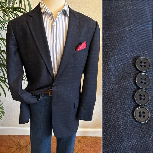 JOSEPH ABBOUD MENS BLAZER SIZE 44L BLUE PLAID SPORT COAT LONG FIT JACKET
